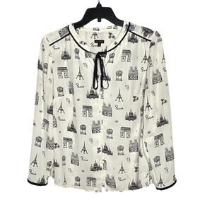 Talbots Black & White Paris France Tie Bow Keyhole Button Down Blouse Size Large